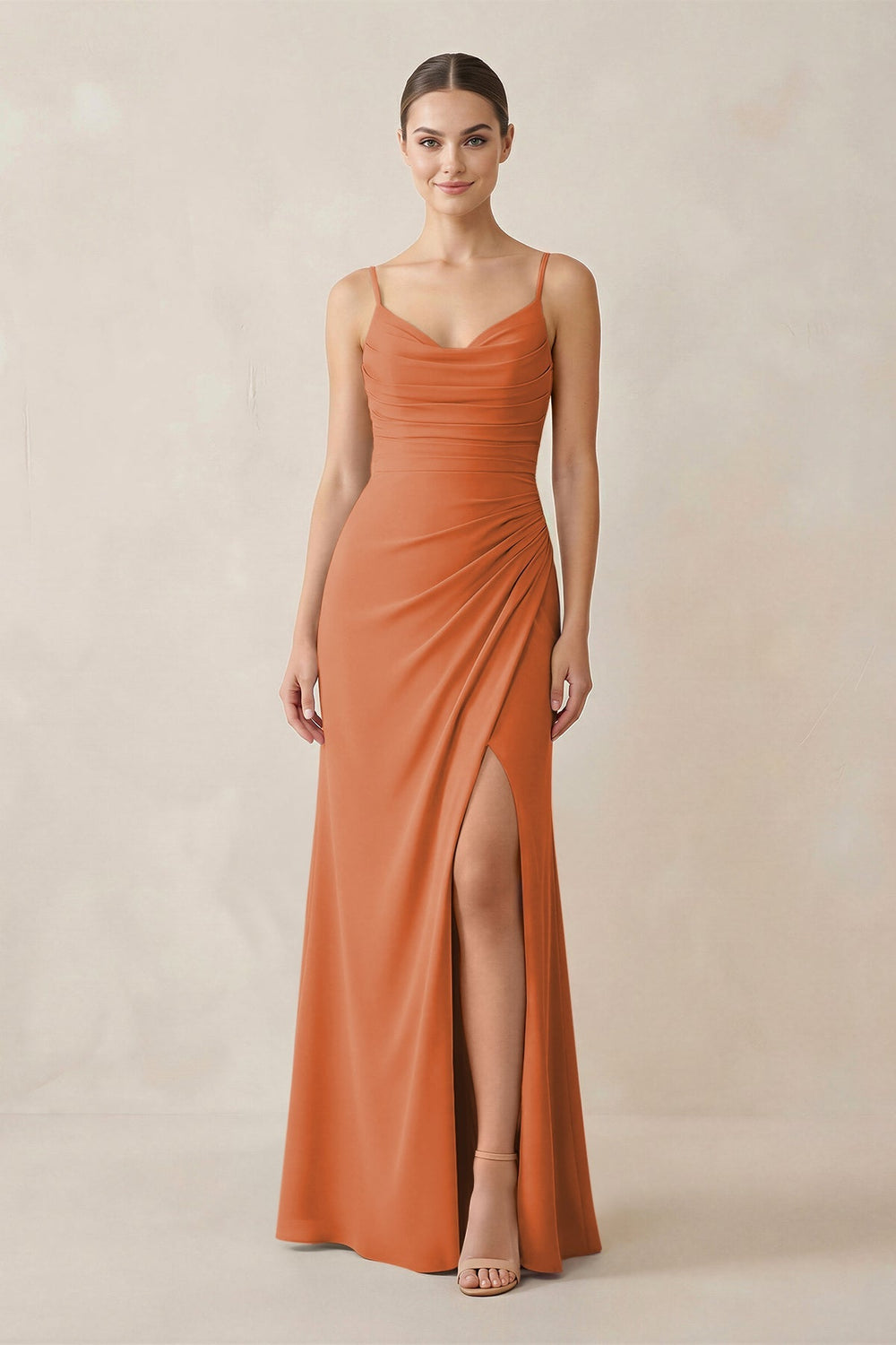 Ruched Sheath Spaghetti Strap Chiffon Bridesmaid Dress in Terracotta - KISS BRIDAL Bridesmaid Dresses