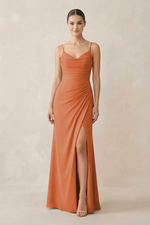 Ruched Sheath Spaghetti Strap Chiffon Bridesmaid Dress in Terracotta - SHE IS ME Bridesmaid Dresses