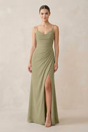Ruched Sheath Spaghetti Strap Chiffon Bridesmaid Dress in Thyme - SHE IS ME Bridesmaid Dresses