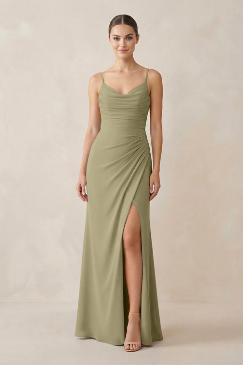 Ruched Sheath Spaghetti Strap Chiffon Bridesmaid Dress in Thyme - SHE IS ME Bridesmaid Dresses