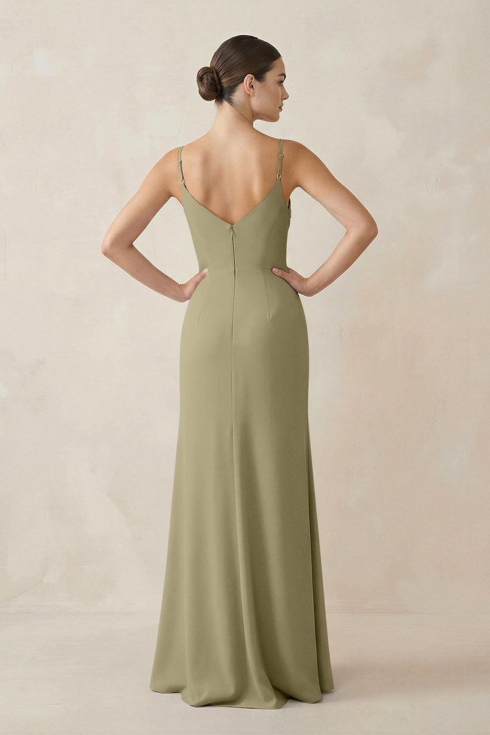 Ruched Sheath Spaghetti Strap Chiffon Bridesmaid Dress in Thyme - KISS BRIDAL Bridesmaid Dresses
