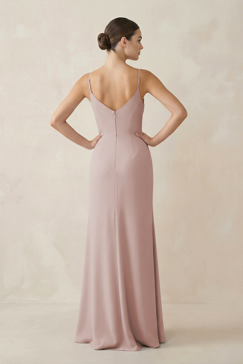 Ruched Sheath Spaghetti Strap Chiffon Bridesmaid Dress in Toffee