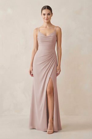 Ruched Sheath Spaghetti Strap Chiffon Bridesmaid Dress in Toffee - SHE IS ME Bridesmaid Dresses