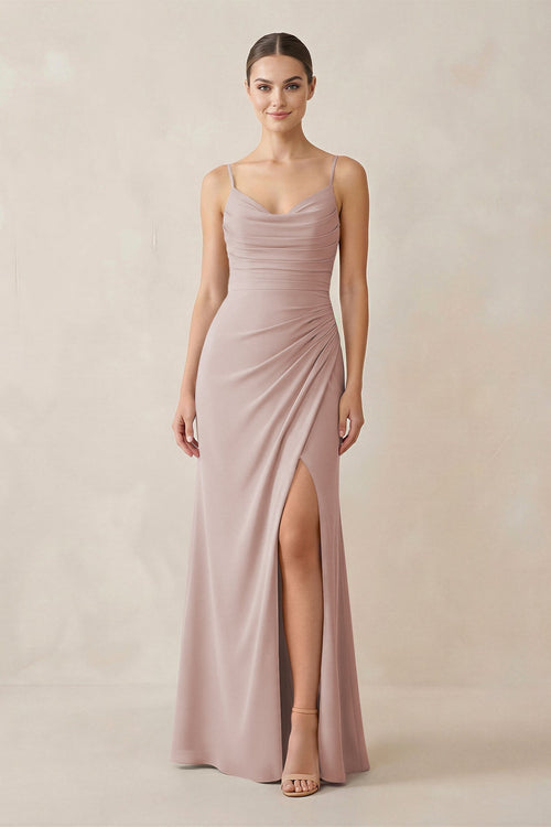 Ruched Sheath Spaghetti Strap Chiffon Bridesmaid Dress in Toffee - SHE IS ME Bridesmaid Dresses