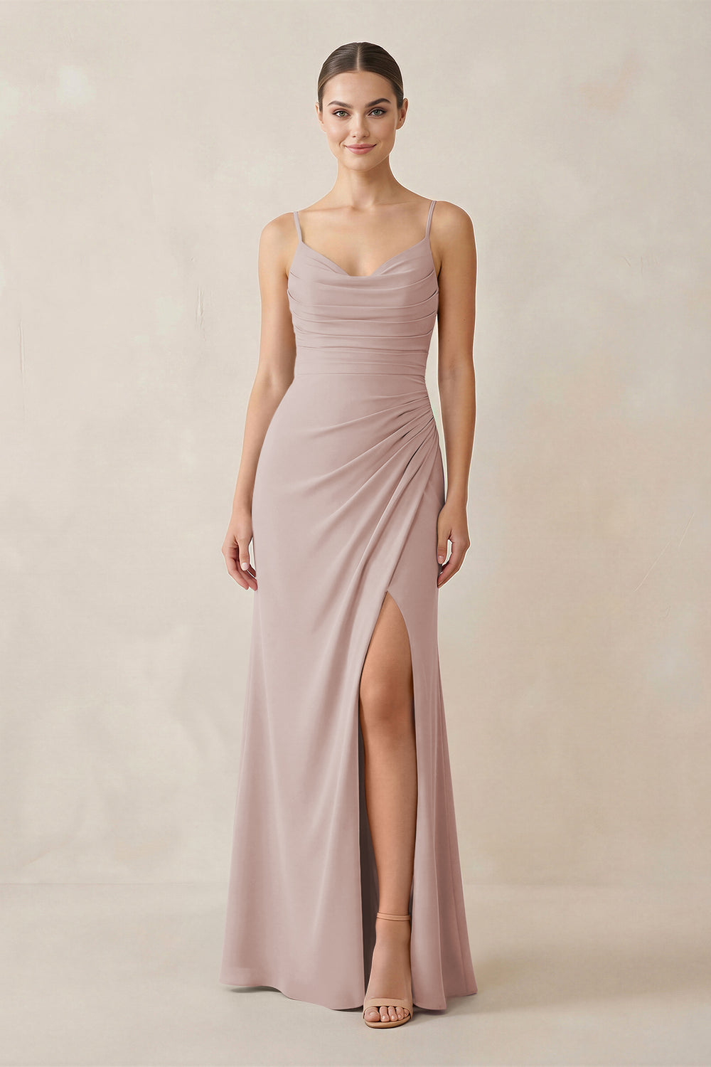 Ruched Sheath Spaghetti Strap Chiffon Bridesmaid Dress in Toffee
