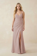 Ruched Sheath Spaghetti Strap Chiffon Bridesmaid Dress in Toffee | KISSBRIDAL