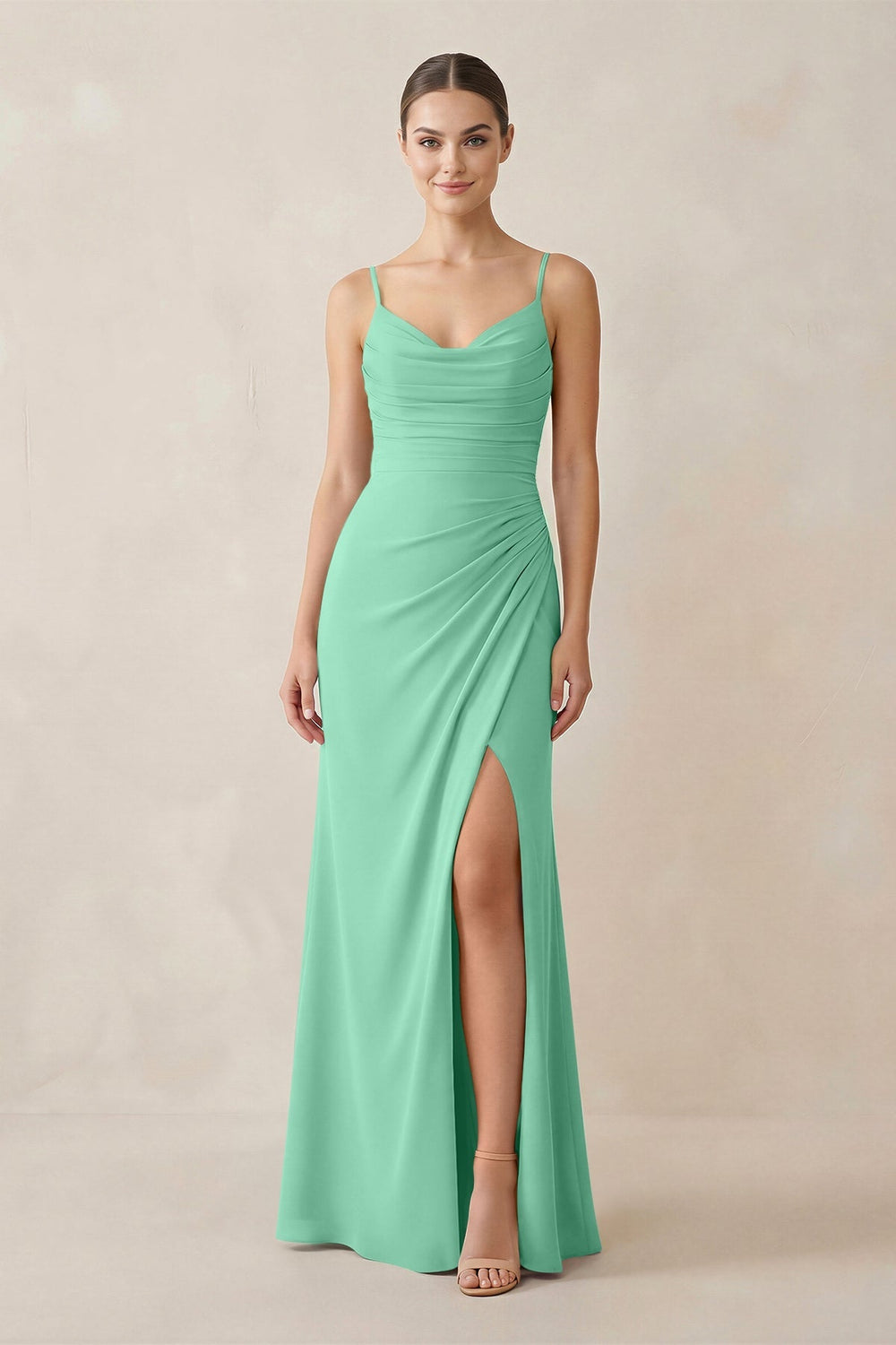 Ruched Sheath Spaghetti Strap Chiffon Bridesmaid Dress in Turquoise - KISS BRIDAL Bridesmaid Dresses