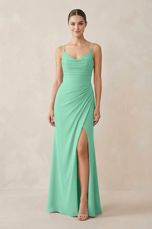 Ruched Sheath Spaghetti Strap Chiffon Bridesmaid Dress in Turquoise - SHE IS ME Bridesmaid Dresses
