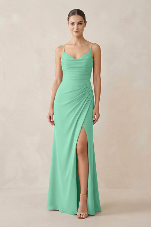 Ruched Sheath Spaghetti Strap Chiffon Bridesmaid Dress in Turquoise - SHE IS ME Bridesmaid Dresses