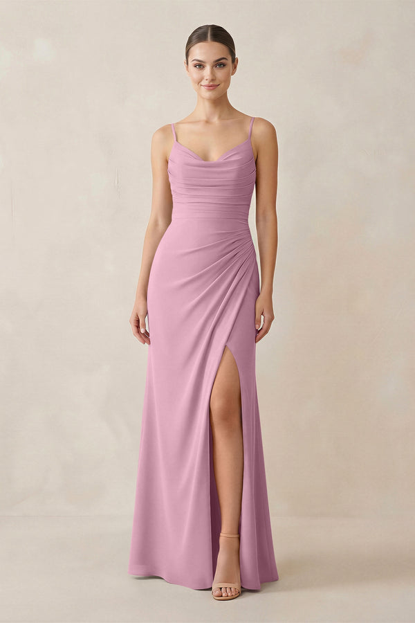 Ruched Sheath Spaghetti Strap Chiffon Bridesmaid Dress in Vintage Mauve - SHE IS ME Bridesmaid Dresses