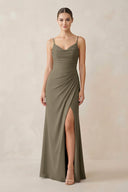 Ruched Sheath Spaghetti Strap Chiffon Bridesmaid Dress in Willow Green - SHE IS ME Bridesmaid Dresses