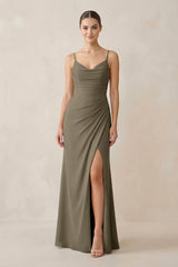 Ruched Sheath Spaghetti Strap Chiffon Bridesmaid Dress in Willow Green - KISS BRIDAL Bridesmaid Dresses