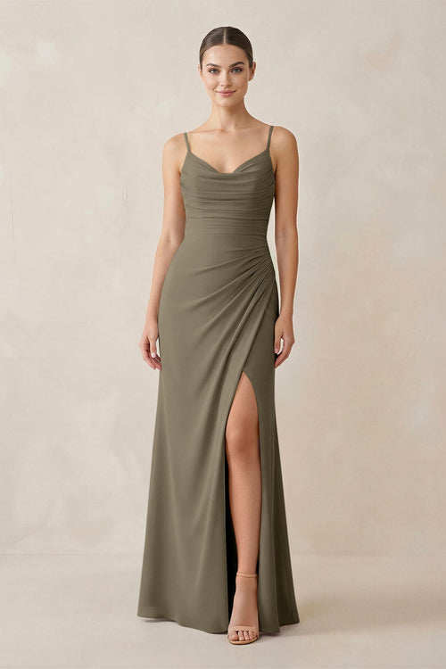 Ruched Sheath Spaghetti Strap Chiffon Bridesmaid Dress in Willow Green - SHE IS ME Bridesmaid Dresses