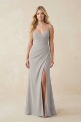 Ruched Sheath Spaghetti Strap Chiffon Bridesmaid Dress in Silver - KISS BRIDAL BRIDESMAID DRESSES