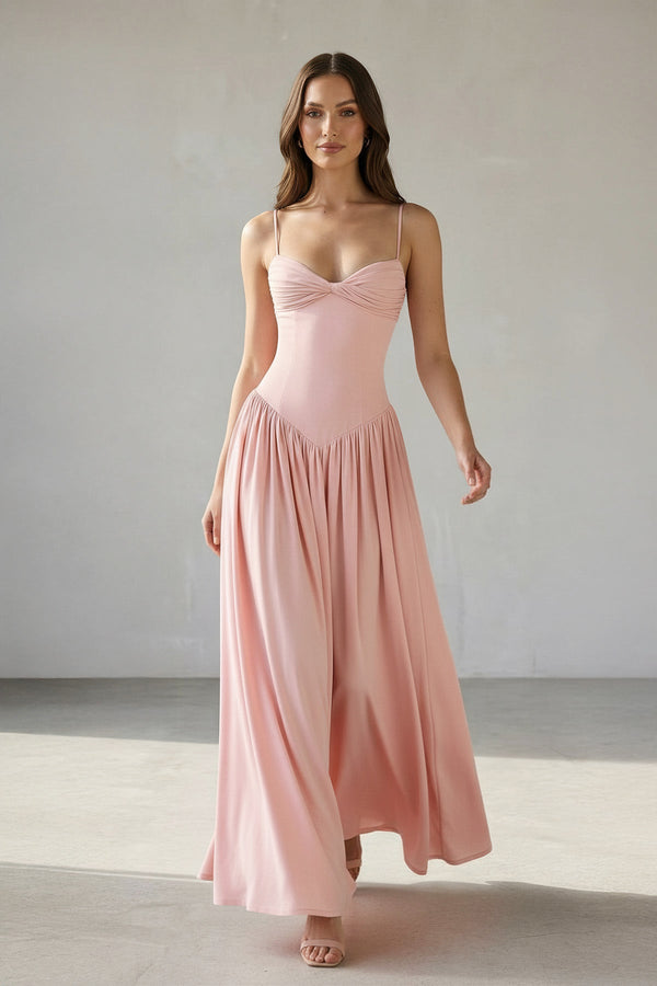 Ruched Spaghetti Straps Maxi Dress in Pink - SHE IS ME