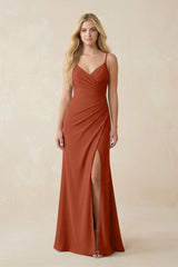 Ruched Sheath Spaghetti Strap Chiffon Bridesmaid Dress in Spice - KISS BRIDAL BRIDESMAID DRESSES