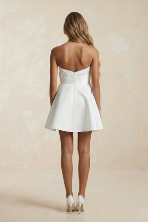 Ruched Strapless A - Line Satin Mini Wedding Dress in White - SHE IS ME Wedding Dresses