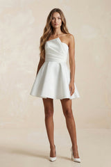 Ruched Strapless A - Line Satin Mini Wedding Dress in White - KISS BRIDAL Wedding Dresses