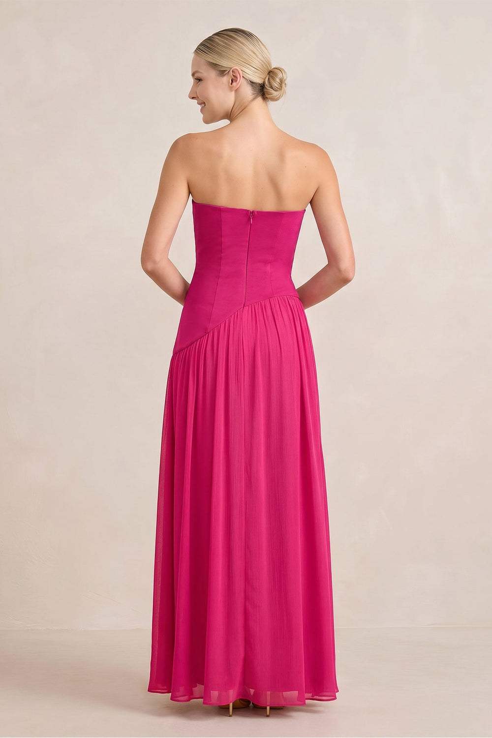 Ruched Strapless A - Line Stretch Satin Maxi Dress in Fuchsia - KISS BRIDAL Dresses