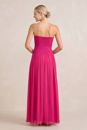 Ruched Strapless A - Line Stretch Satin Maxi Dress in Fuchsia - SHE IS ME Dresses