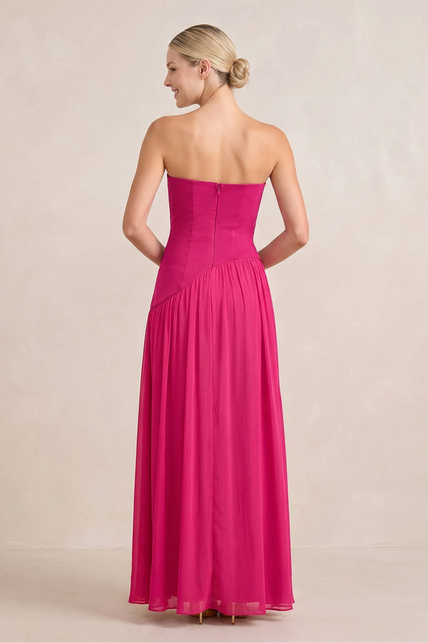 Ruched Strapless A - Line Stretch Satin Maxi Dress in Fuchsia - SHE IS ME Dresses