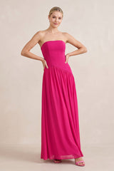 Ruched Strapless A - Line Stretch Satin Maxi Dress in Fuchsia - KISS BRIDAL