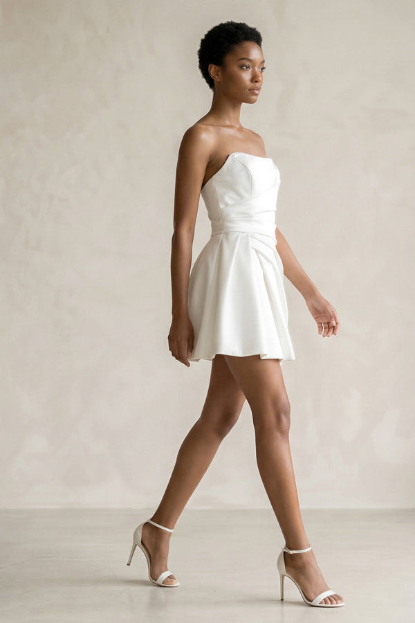 Ruched Strapless Satin Mini Wedding Dress in White - SHE IS ME Wedding Dresses