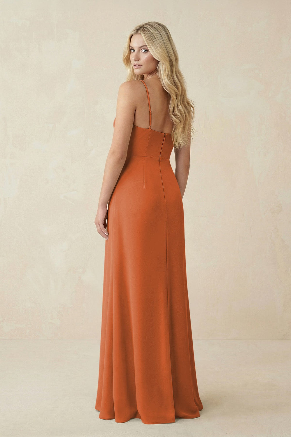 Ruched Sheath Spaghetti Strap Chiffon Bridesmaid Dress in Terracotta - KISS BRIDAL BRIDESMAID DRESSES