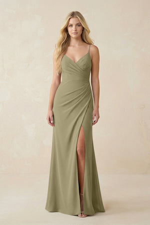 Ruched Sheath Spaghetti Strap Chiffon Bridesmaid Dress in Thyme - SHE IS ME BRIDESMAID DRESSES