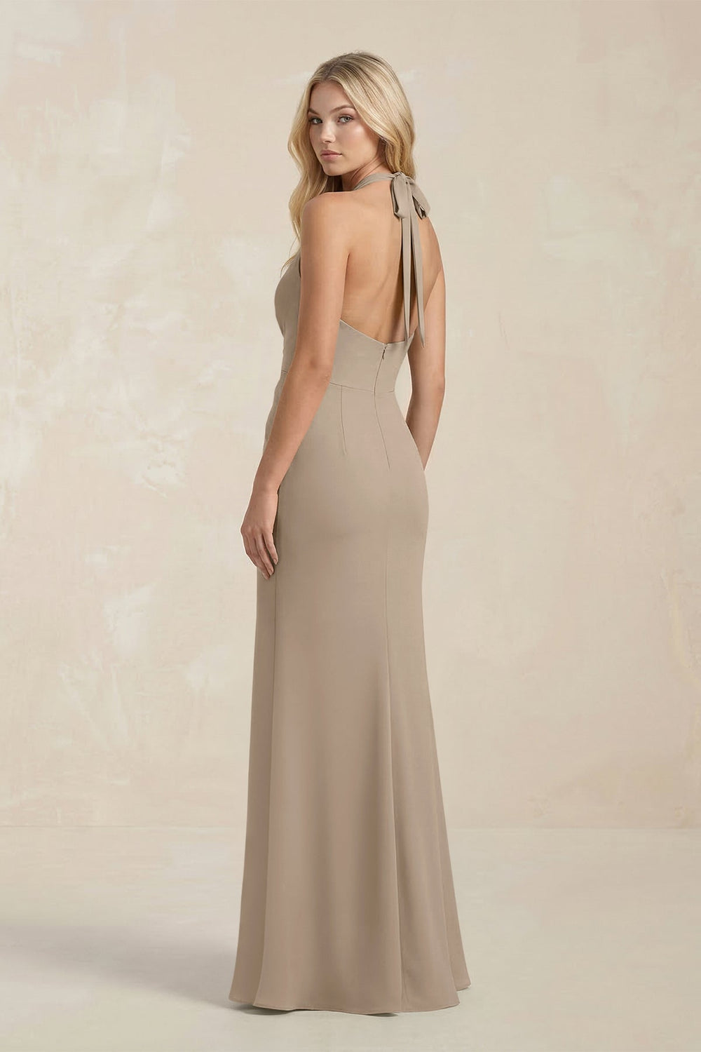 Ruched V - Neck Sheath Bridesmaid Dress With Bow in Almond - KISS BRIDAL Bridesmaid Dresses