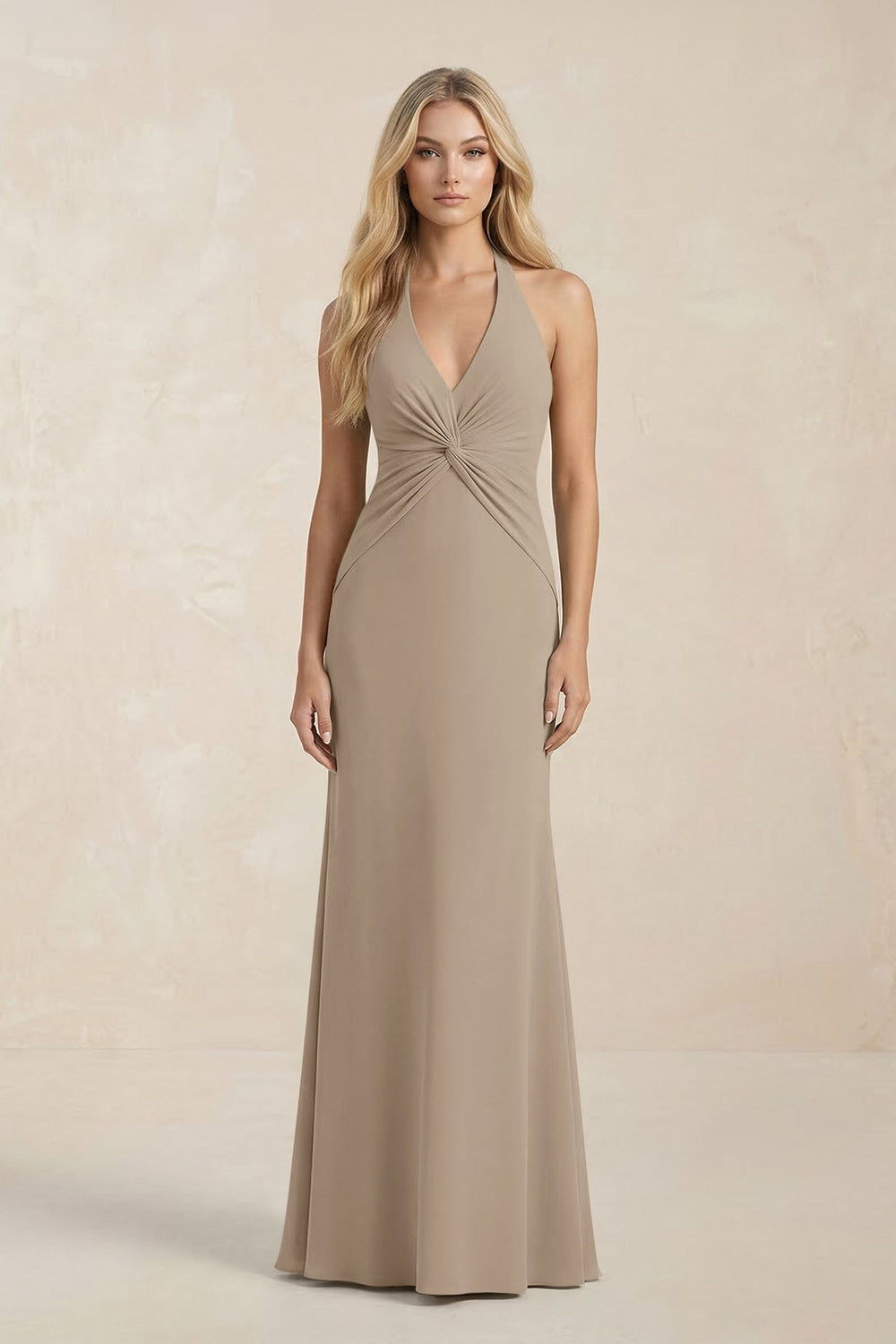 Ruched V - Neck Sheath Bridesmaid Dress With Bow in Almond - KISS BRIDAL Bridesmaid Dresses