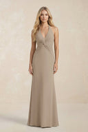 Ruched V - Neck Sheath Bridesmaid Dress With Bow in Almond - KISS BRIDAL Bridesmaid Dresses