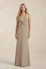 Ruched V - Neck Sheath Bridesmaid Dress With Bow in Almond - KISS BRIDAL Bridesmaid Dresses