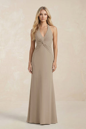 Ruched V - Neck Sheath Bridesmaid Dress With Bow in Almond - KISS BRIDAL Bridesmaid Dresses