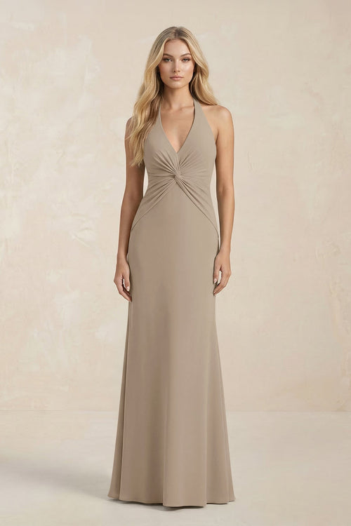 Ruched V - Neck Sheath Bridesmaid Dress With Bow in Almond - KISS BRIDAL Bridesmaid Dresses