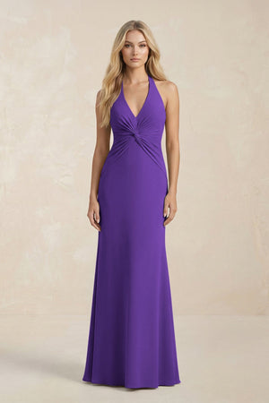 Ruched V - Neck Sheath Bridesmaid Dress With Bow in Amethyst - KISS BRIDAL Bridesmaid Dresses