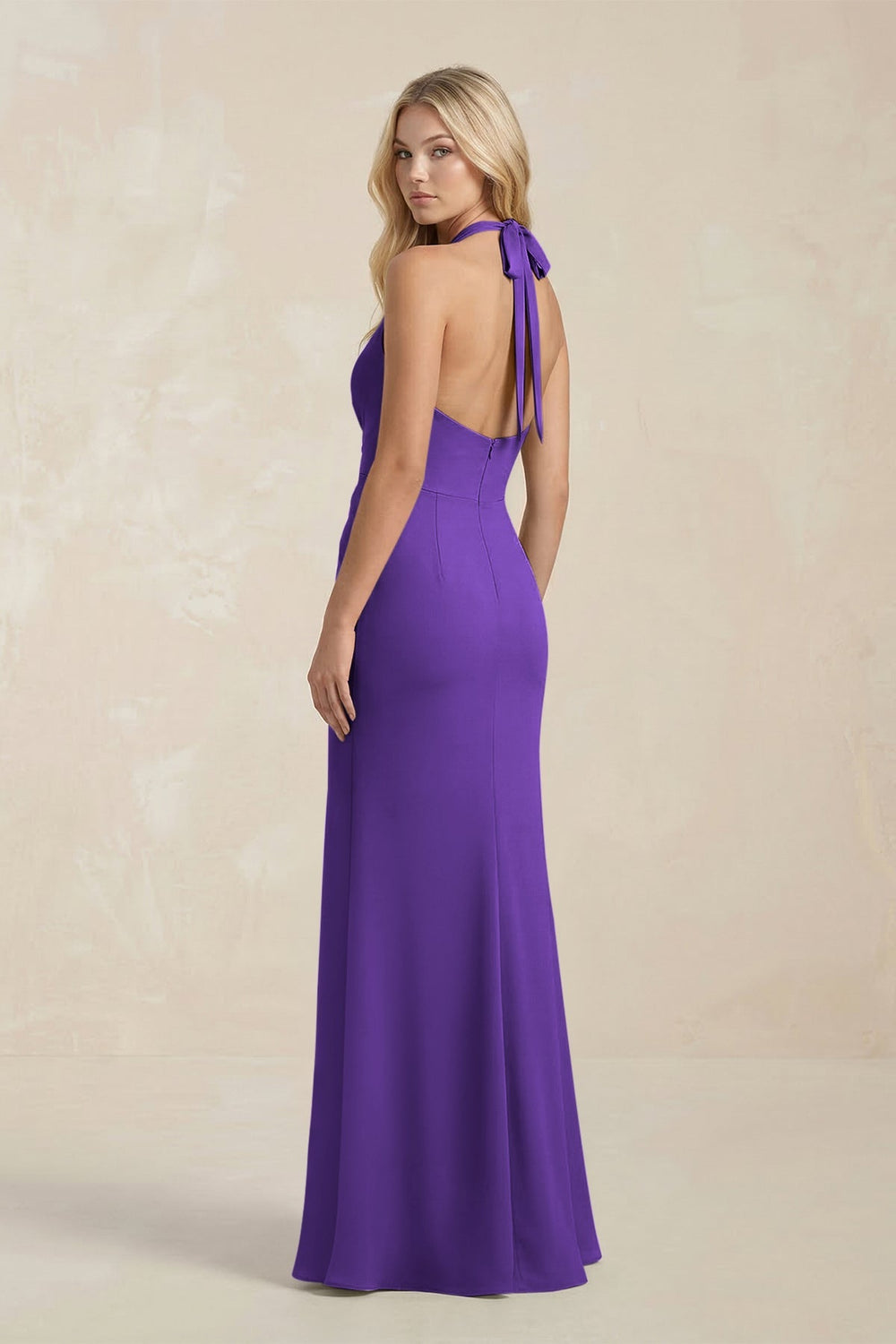Ruched V - Neck Sheath Bridesmaid Dress With Bow in Amethyst - KISS BRIDAL Bridesmaid Dresses