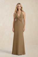 Ruched V - Neck Sheath Bridesmaid Dress With Bow in Apple Cinnamon - KISS BRIDAL Bridesmaid Dresses