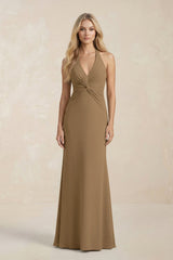 Ruched V - Neck Sheath Bridesmaid Dress With Bow in Apple Cinnamon - KISS BRIDAL Bridesmaid Dresses