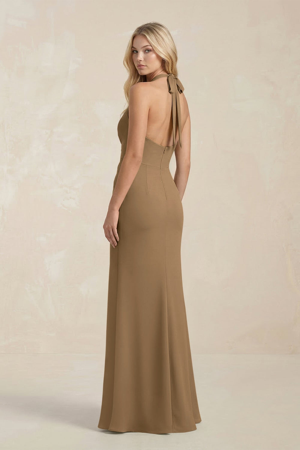 Ruched V - Neck Sheath Bridesmaid Dress With Bow in Apple Cinnamon - KISS BRIDAL Bridesmaid Dresses