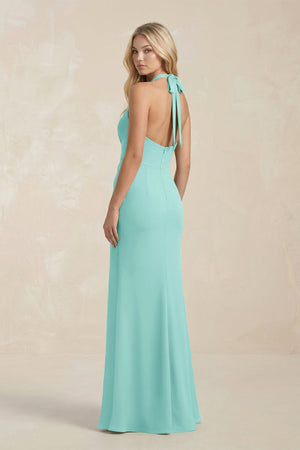 Ruched V - Neck Sheath Bridesmaid Dress With Bow in Aqua - KISS BRIDAL Bridesmaid Dresses