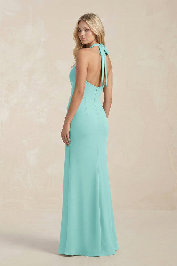Ruched V - Neck Sheath Bridesmaid Dress With Bow in Aqua - KISS BRIDAL Bridesmaid Dresses