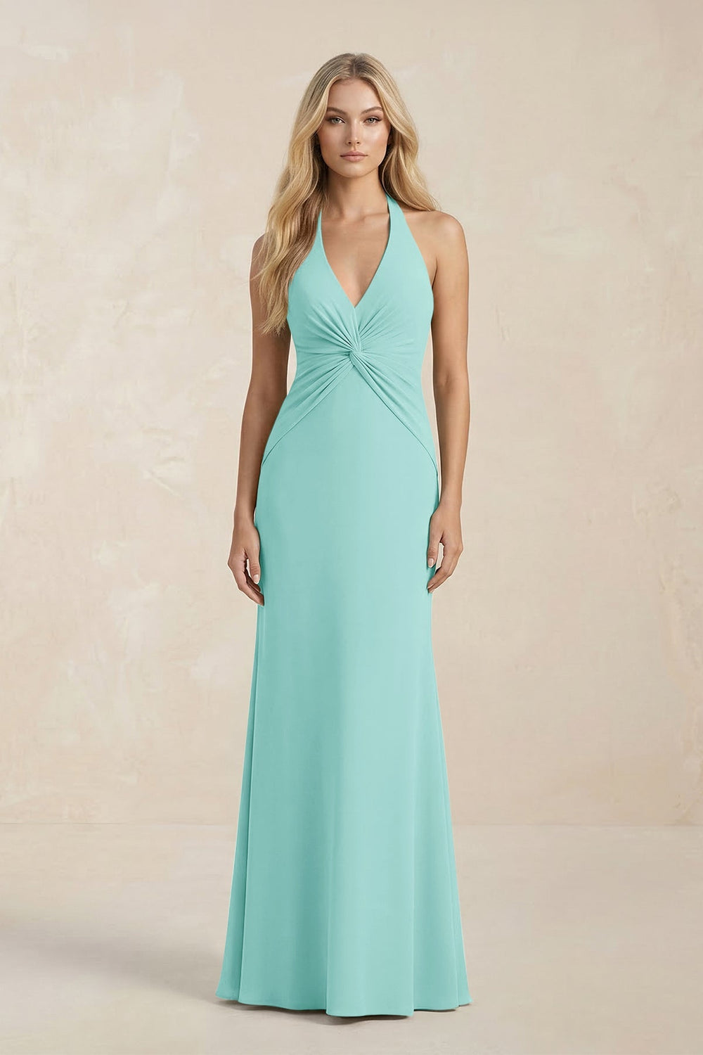 Ruched V - Neck Sheath Bridesmaid Dress With Bow in Aqua - KISS BRIDAL Bridesmaid Dresses