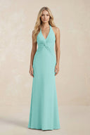Ruched V - Neck Sheath Bridesmaid Dress With Bow in Aqua - KISS BRIDAL Bridesmaid Dresses