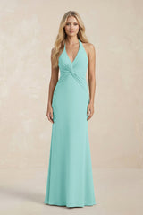 Ruched V - Neck Sheath Bridesmaid Dress With Bow in Aqua - KISS BRIDAL Bridesmaid Dresses