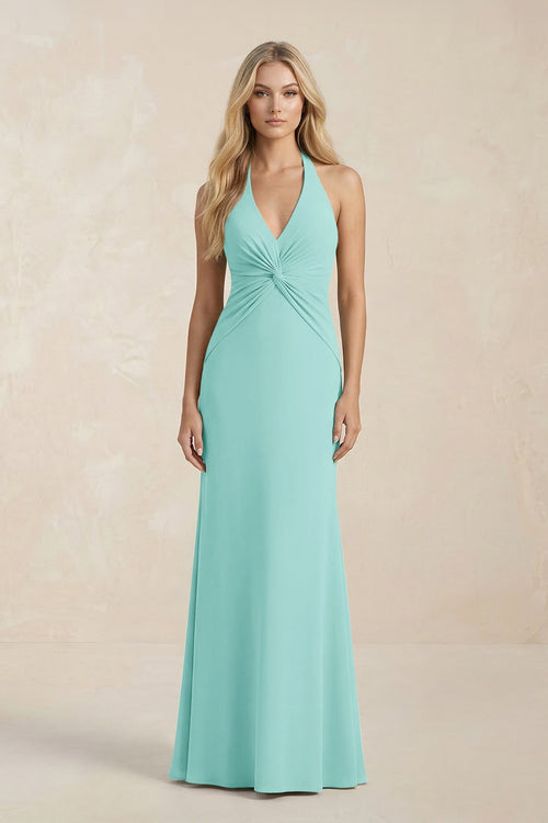 Ruched V - Neck Sheath Bridesmaid Dress With Bow in Aqua - KISS BRIDAL Bridesmaid Dresses
