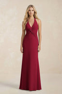 Ruched V - Neck Sheath Bridesmaid Dress With Bow in Berry - KISS BRIDAL Bridesmaid Dresses