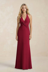 Ruched V - Neck Sheath Bridesmaid Dress With Bow in Berry - KISS BRIDAL Bridesmaid Dresses