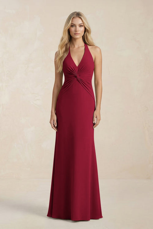 Ruched V - Neck Sheath Bridesmaid Dress With Bow in Berry - KISS BRIDAL Bridesmaid Dresses