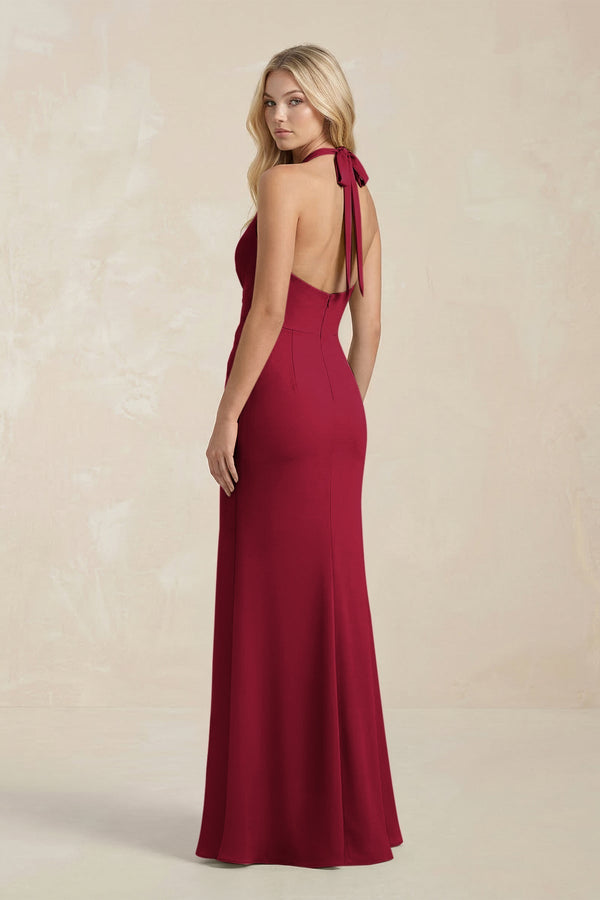 Ruched V - Neck Sheath Bridesmaid Dress With Bow in Berry - KISS BRIDAL Bridesmaid Dresses